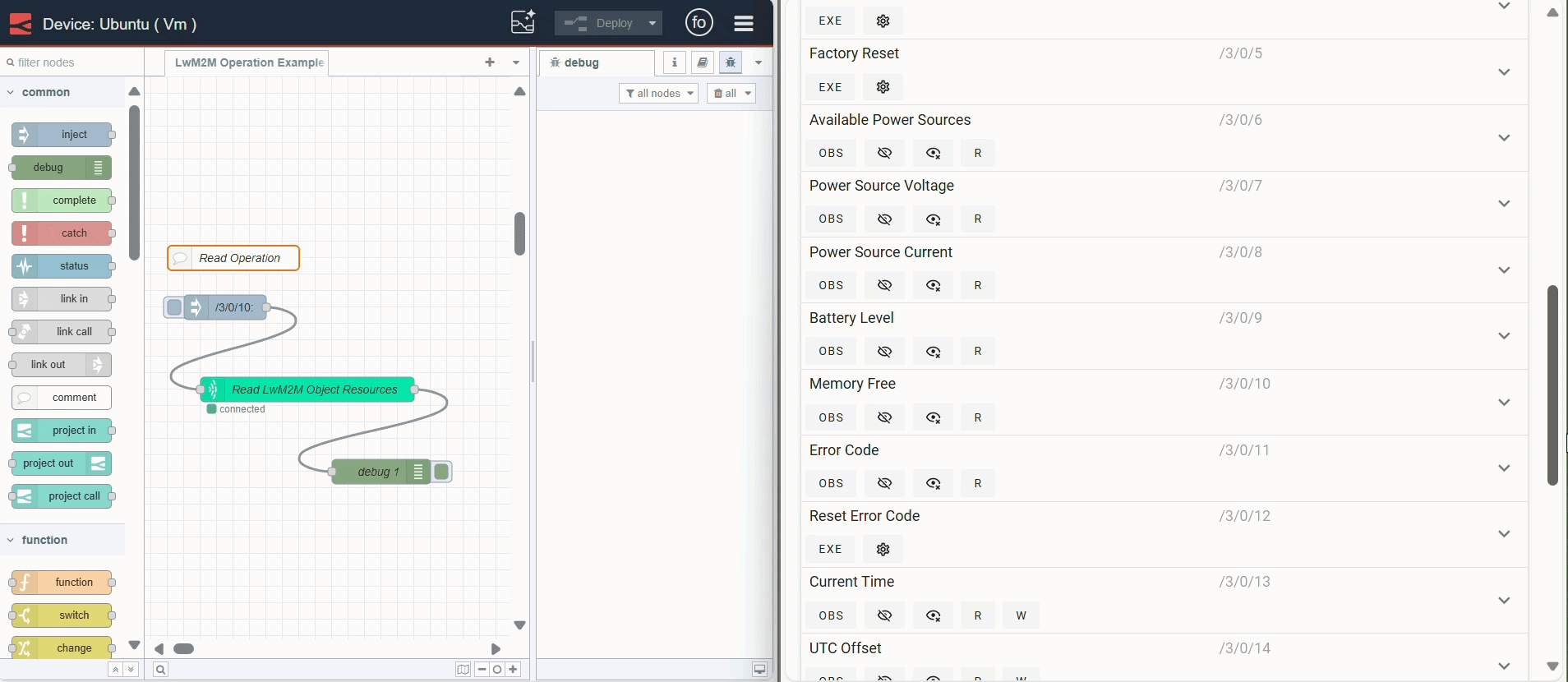 "Image showing Node-RED flow that reading data from LwM2M Server"